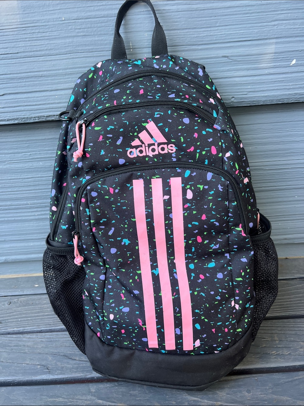 adidas Kids Black Backpack with Pink Stripes and Multicolor Confetti